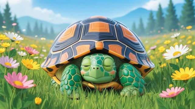 Smiling turtle cartoon relaxing on lush green hill with fluffy clouds