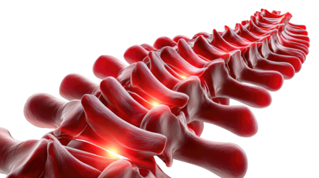 Spine Anatomy: a close-up, medical illustration of the human spine, highlighting the intricate structure of the vertebrae and spinal cord