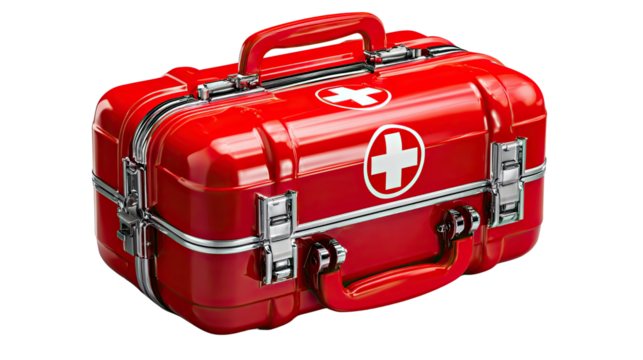 First Aid Kit: A pristine, vibrant red first aid kit, emblazoned with a prominent white cross, stands ready, offering a symbol of care, health, and readiness in times of need.