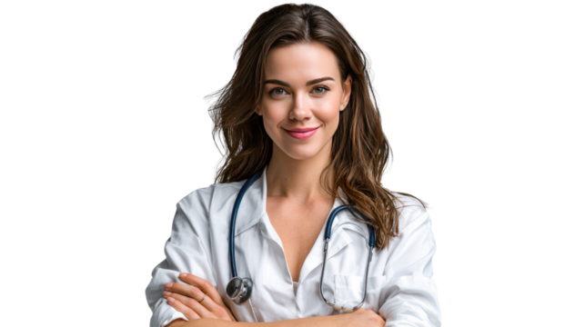 The Compassionate Healer: A confident and empathetic health worker exudes professionalism and care. With a stethoscope draped around her neck, she embodies health and wellness.