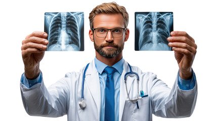 Medical Insight: A doctor examines two x-ray images, providing medical diagnostics. Capturing expertise and healthcare innovation.