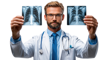 Medical Insight: A doctor examines two x-ray images, providing medical diagnostics. Capturing expertise and healthcare innovation.