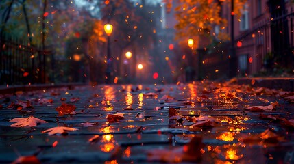 Autumn leaves on wet cobblestone street
