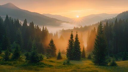 Sunrise over misty mountain valley with pine forest