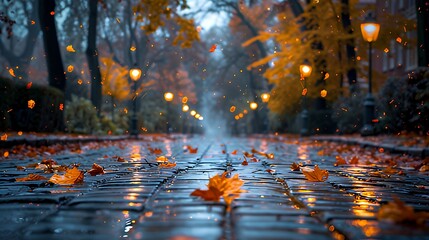 Autumn leaves on wet cobblestone street