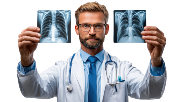 Medical Insight: A doctor examines two x-ray images, providing medical diagnostics. Capturing expertise and healthcare innovation.