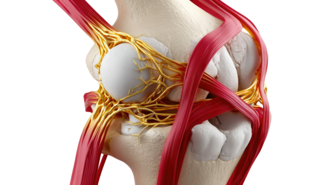 Anatomical Knee Illustration: A detailed, artistic representation of the human knee joint, highlighting the intricate network of bones, muscles, and ligaments.