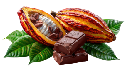 Cocoa Delight: A close-up shot presents ripe cocoa pods, with one skillfully cut to reveal the cocoa beans inside. Two chocolate bar pieces rest elegantly in front.