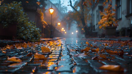 Autumn leaves on wet cobblestone street