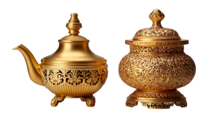 Golden Decorative Pieces: Two exquisite, ornately designed, golden decorative pieces stand side by side, showcasing intricate patterns and textures. A testament to artistry and opulence.
