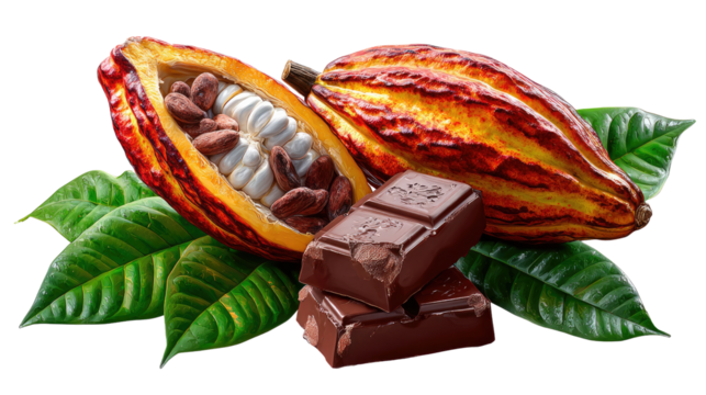 Cocoa Delight: A close-up shot presents ripe cocoa pods, with one skillfully cut to reveal the cocoa beans inside. Two chocolate bar pieces rest elegantly in front.