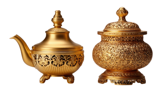 Golden Decorative Pieces: Two exquisite, ornately designed, golden decorative pieces stand side by side, showcasing intricate patterns and textures. A testament to artistry and opulence.