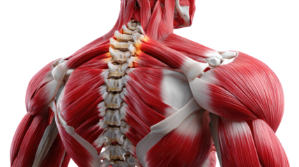Anatomy of Strength: A detailed anatomical illustration showcasing the intricate musculature and skeletal structure of the back and shoulders, highlighting the power and complexity of the human body.