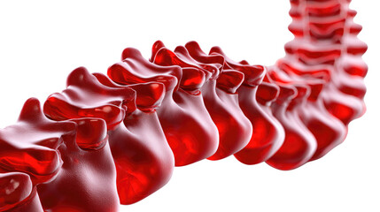 Anatomical Spine Illustration: A detailed, close-up rendering of a vibrant, blood-red spinal column, highlighting the intricate structure and curves of the human spine.