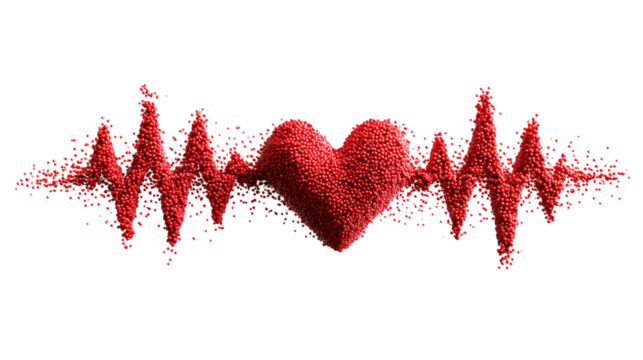 Vibrant Heartbeat: A visual representation of a heart and a heartbeat waveform, crafted with striking red granules. The artwork symbolizes the essence of life, health, and vitality.