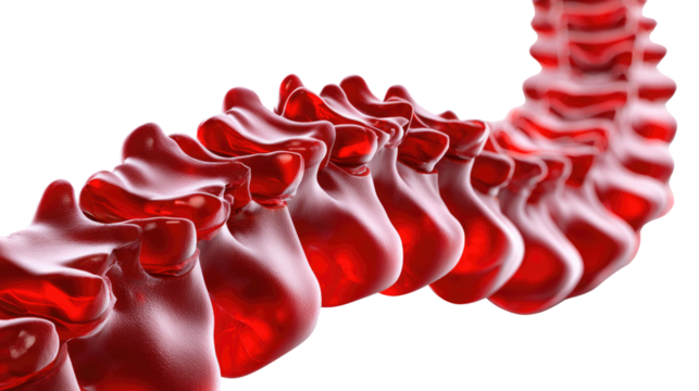 Anatomical Spine Illustration: A detailed, close-up rendering of a vibrant, blood-red spinal column, highlighting the intricate structure and curves of the human spine.