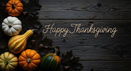 Happy Thanksgiving Text with Miniature Gourds on Dark Wood Background