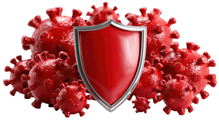 Shield Against Viral Threats: A conceptual visualization, a bold shield stands guard against a sea of ominous red viruses, embodying the strength and protection of health.