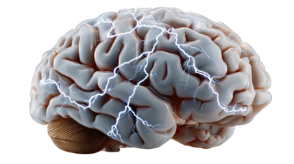 Mind's Electric Pulse: a highly detailed image depicts a human brain, subtly illuminated by an overlay of electric sparks, visualizing the intricate neural networks.
