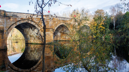 The bridge over the River Tees at Yarm in the autumn showing the autumn colours. 