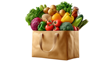 Fresh Grocery Bag Overflowing with colorful fruits and vegetables: A vibrant, eco-friendly shopping bag overflowing with an abundant array of fresh produce. A visual feast.
