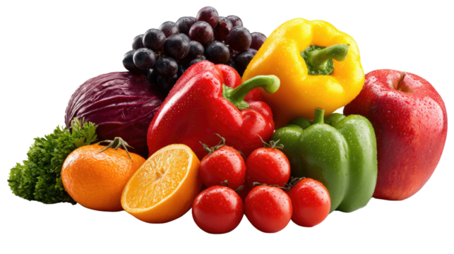 Vibrant Produce Still Life: A colorful and appetizing still life of fresh fruits and vegetables, showcasing the bounty of nature's harvest.