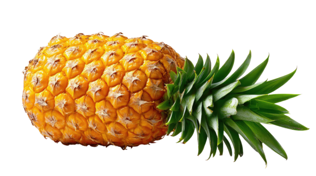 Tropical Treasure: A golden pineapple, a tropical delight, lies horizontally, showcasing its spiky crown and textured skin. It's a symbol of summer.