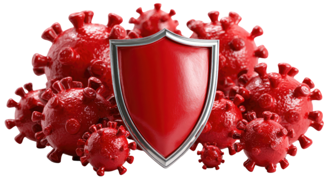 Shield Against Viral Threats: A conceptual visualization, a bold shield stands guard against a sea of ominous red viruses, embodying the strength and protection of health.