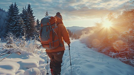 Hiker walking through snowy forest trail at sunrise