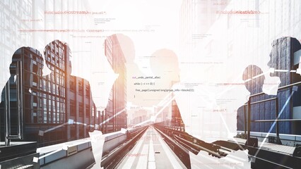 This abstract image illustrates business professionals engaging in communication, set against a backdrop of futuristic architecture and digital data streams. Xenic