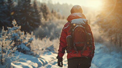Hiker walking through snowy forest trail at sunrise