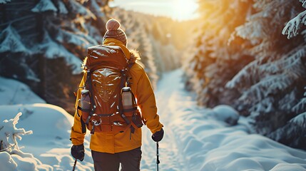 Hiker walking through snowy forest trail at sunrise