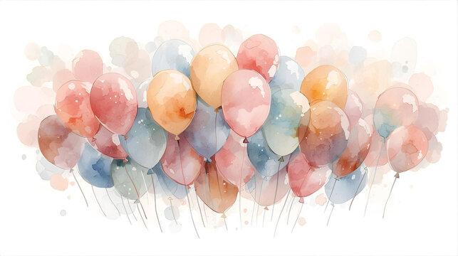 watercolor balloons in the air painted in pastel colors, ai