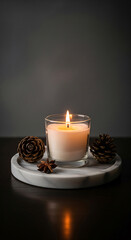 Cozy and atmospheric still life of a lit candle in a glass, with pinecones and star anise on a marble tray. A serene hygge concept for winter holidays, relaxation, wellness, and aromatherapy.