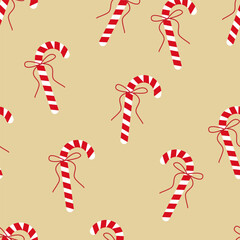 Christmas candy cane seamless pattern with red and white stripes and bows on beige background, vector repeat