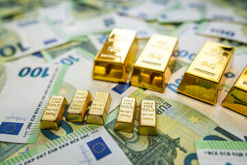 Golden bars on euro bills illustrating luxury wealth, investment opportunity and financial stability