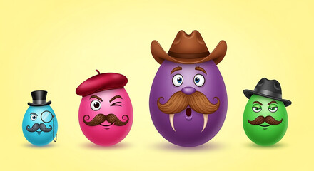 Colorful Egg Characters with Mustaches Hats and Diverse Styles
