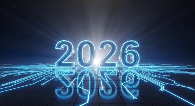 Futuristic glowing blue 2026 text on a digital circuit board background