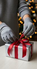 Festive scene of a person in cozy gray gloves carefully tying a red satin ribbon on a silver gift. A heartfelt moment of Christmas preparation with a glowing, out-of-focus tree in the background.