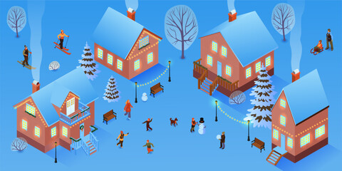 Winter holiday village scene with people skiing sledding skating and playing in snow near cozy decorated houses with glowing lights and snow covered roofs