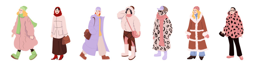 Stylish winter outfits with women in warm coats scarves boots and accessories in modern flat design for cold weather fashion illustration