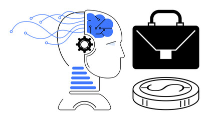 Human head with AI brain, gear cog, briefcase, and coin symbolizing innovation, technology, business, and finance. Ideal for AI, business strategy finance machine learning technology automation
