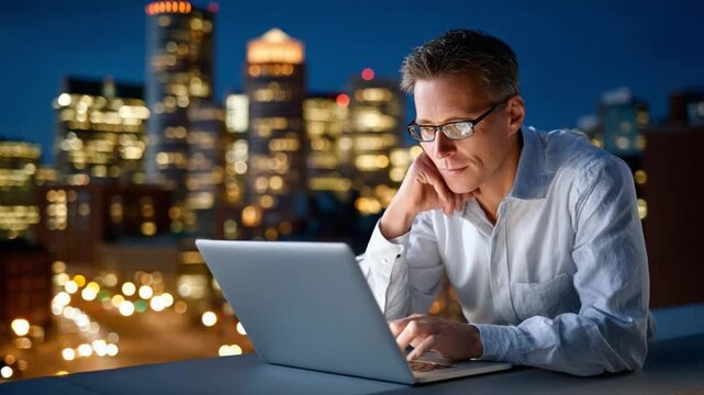 Night Owl's Hustle: Amidst the city lights, a focused individual works diligently on a laptop under the night sky, embodying dedication and ambition.