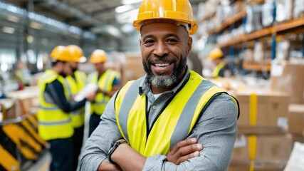 Warehouse Worker: A confident warehouse worker, clad in safety gear, smiles directly at the camera. He is an embodiment of dedication within the busy warehouse environment.
