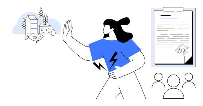 Person holding stomach and gesturing rejection toward food products thumbs up milk and fish. Includes documents and group to symbolize regulations, awareness, and community support. Ideal for health