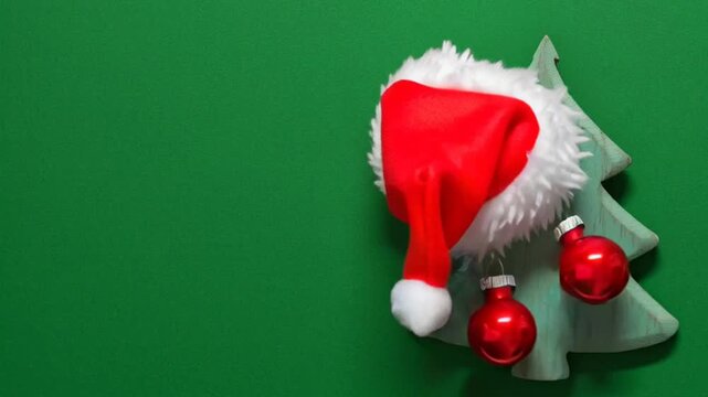 Video in stop motion style with wooden christmas tree decoration red baubles and Santa Clause hat