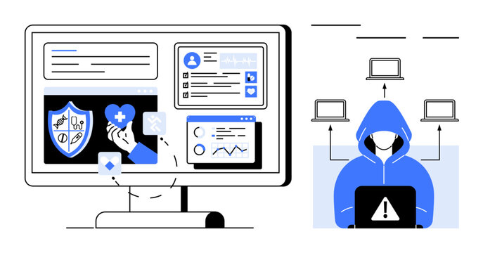 Computer screen with health data, shield badge, analytics next to hacker in hooded sweatshirt with laptop. Ideal for digital security, medical data safety, healthcare systems, online fraud