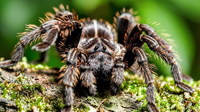 A detailed close up of a tarantula on a mossy branch showcasing its hairy legs and intense gaze for arachnid study and nature photography