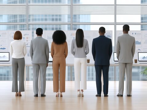 Group of diverse professionals standing together in modern office space, observing data presentations on large screens, showcasing teamwork and collaboration in a corporate environment