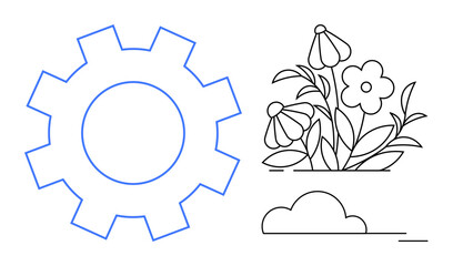 Gear alongside blooming flowers and a cloud suggests harmony between technology and natural growth. Ideal for innovation, eco-friendly ideas, sustainable development, growth, creativity, tech-nature